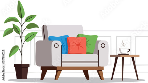 Modern living room with gray sofa colorful cushions and green plant in pot 