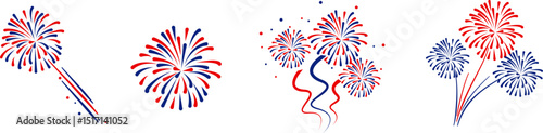 4th july Independence Day fireworks collection .Red, blue fireworks for 4th of July .Fourth of July elements .United States of America celebration firecrackers set. USA flag, exploding fireworks .