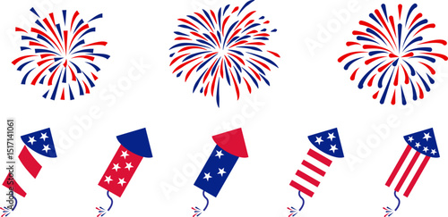 4th july Independence Day fireworks collection .Red, blue fireworks for 4th of July .Fourth of July elements .United States of America celebration firecrackers set. USA flag, exploding fireworks .