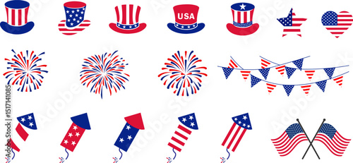 4th july Independence Day fireworks collection .Red, blue fireworks for 4th of July .Fourth of July elements .United States of America celebration firecrackers set. USA flag, exploding fireworks ,hat