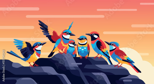 Colorful wild birds perched on rocky landscape under orange sunset sky natural scene 