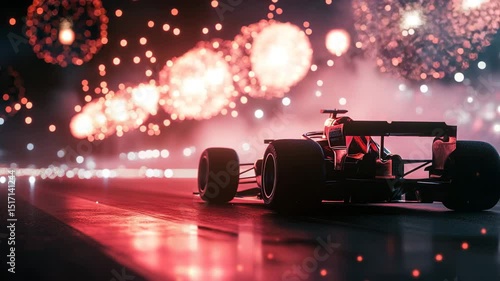 Rear view of Formula 1 car under dramatic red fireworks at night with glowing reflections

