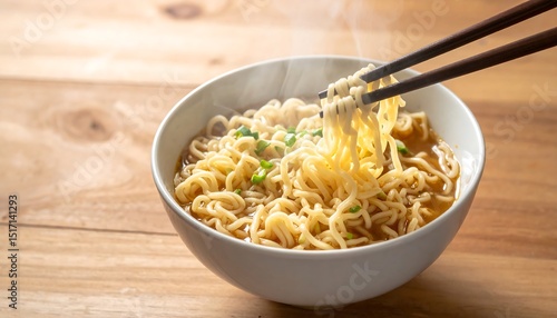 Steaming bowl of ramen noodles with chopsticks on a rustic wooden table with closeup.
