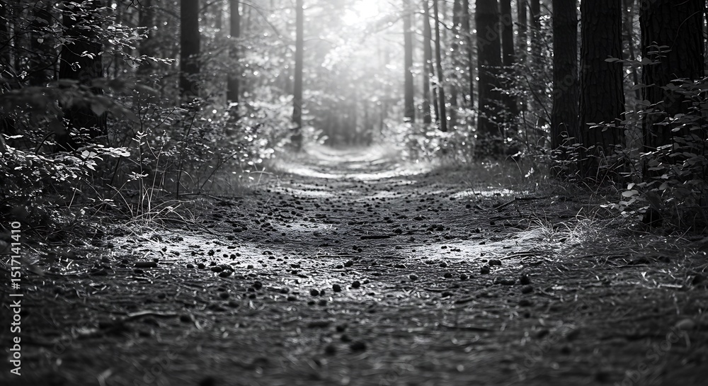 Naklejka premium Mystical Forest Path A Monochrome Journey Through Nature's Embrace