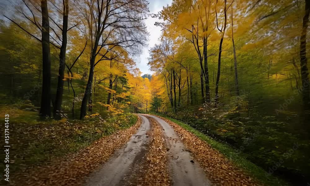 Dirt Road Covered In Autumn Leaves Surrounded By Vibrant Yellow And Green Trees Under Cloudy Sky In Golden Hour Dirt Road Covered In Autumn Leaves Surrounded By Vibrant Yellow And Green Trees Under Cloudy Sky In Golden Hour