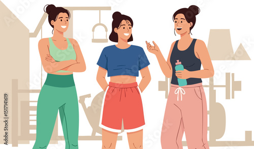 Three young women chatting in sportswear at gym fitness workout session 