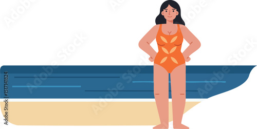 Woman in orange swimsuit standing on sandy beach by blue ocean water summer scene 