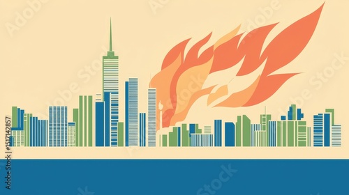 wildfire and architecture concept. Urban skyline with flames and abstract design elements.