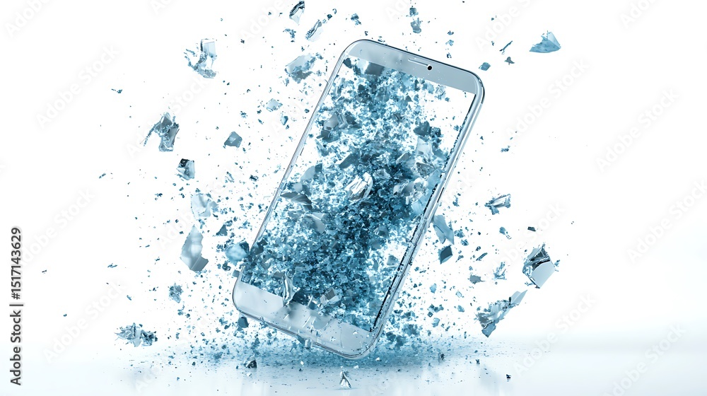 Silver smartphone screen shatters into small pieces against a bright white background in the studio Silver smartphone screen shatters into small pieces against a bright white background in the studio