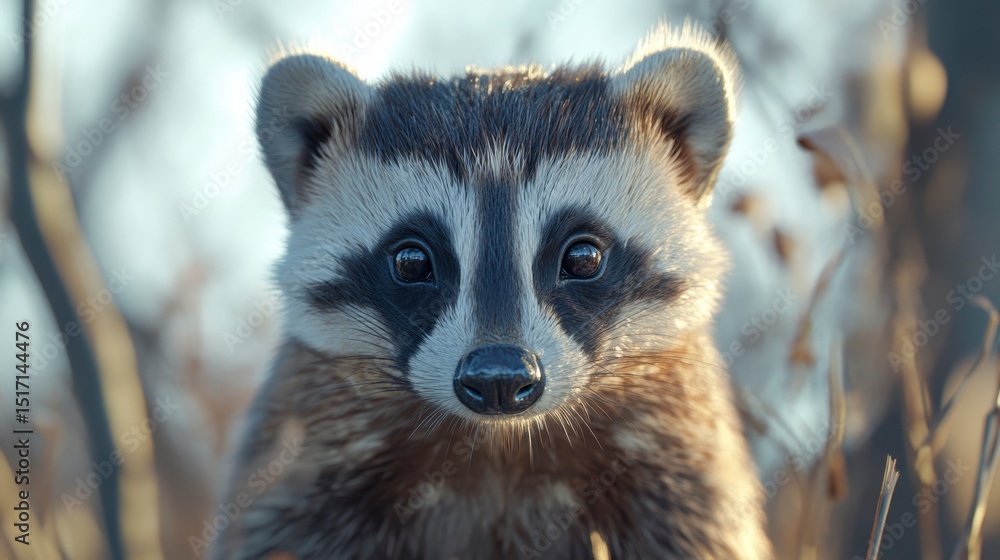 Fototapeta premium Adorable baby raccoon portrait, close-up, outdoors, natural light.