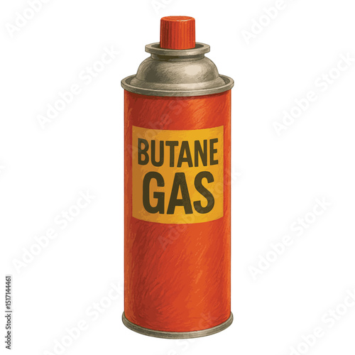 Butane Gas Canister Vector – Red Metal Fuel Cartridge with Yellow Label, Isolated