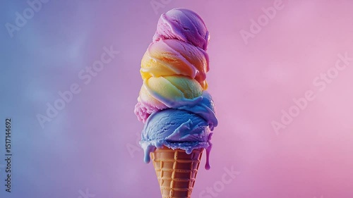 Delicious multi-colored ice cream cone against a vibrant gradient backdrop