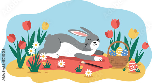 Gray Rabbit Among Colorful Tulips and Easter Basket with Eggs in Spring Garden 