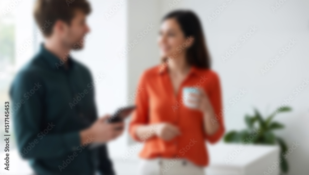 Obraz premium Blurred people standing in modern office. Image is suitable for illustrating workplace communication or business environment concepts.