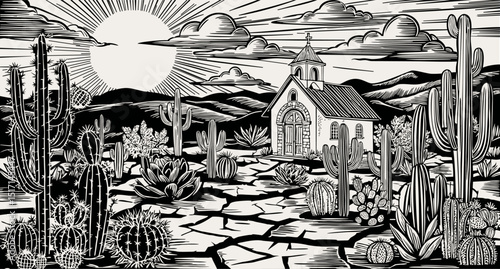 Landscape with cacti, church and sun. Brazilian northeast cordel illustration. Woodcut style. Black and white vector