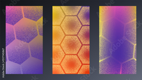 Colourful banners with hexagon pattern. Noise grain background, pointillism dots gradient or dotwork pattern, vector stipple effect. Grain noise halftone or grainy texture or dotwork grain noise.