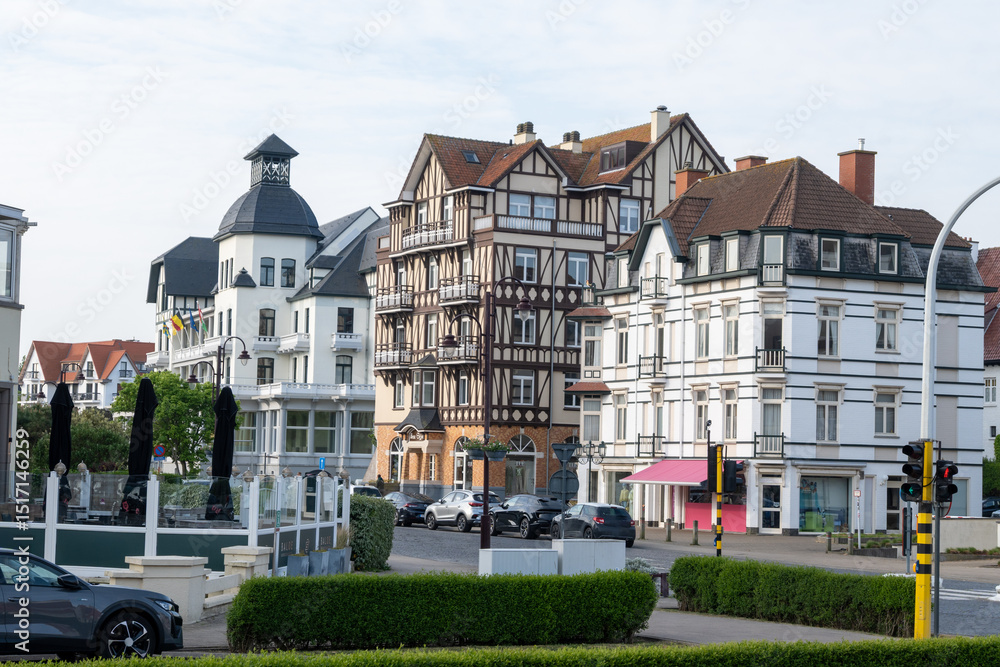 Fototapeta premium Cosy seaside holiday village on North Sea, built in belle epoque style in Flanders, De Haan or Le Coq sur Mer, Belgium