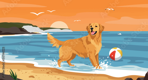 Golden retriever dog playing with beach ball on sandy shore at sunset seascape scene 