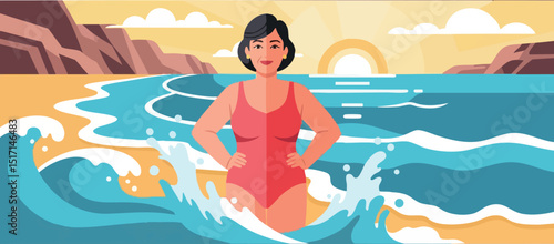 Woman enjoying ocean swim with sunset and rocky cliffs scenic coastal landscape 