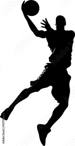 Slam Dunk Silhouette: A dynamic black silhouette of a basketball player, frozen mid-air as he soars towards the hoop, his form a testament to skill, athleticism, and the thrill of the game.