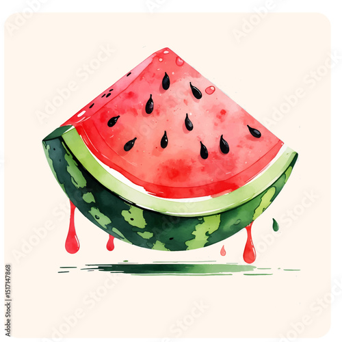 Juicy Watermelon Slice in Watercolor with Drips and Seeds