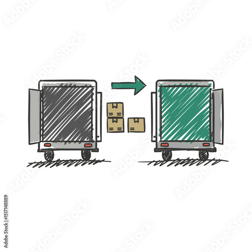 Delivery trucks exchanging packages during cross-docking process  
