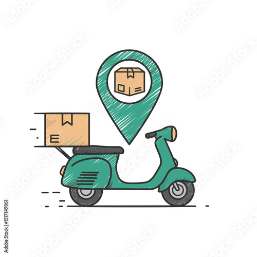 Last Mile Delivery Scooter Icon, Package Pin Symbol, Hand Drawn Sketch Art, Urban Logistics Concept, For Delivery Services, Mobile Apps, E-commerce 