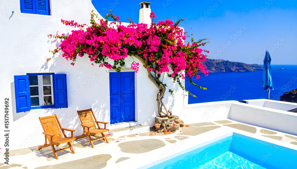 Fototapeta premium A serene Greek island villa with white walls, blue shutters, and vibrant pink bougainvillea, overlooking the azure sea