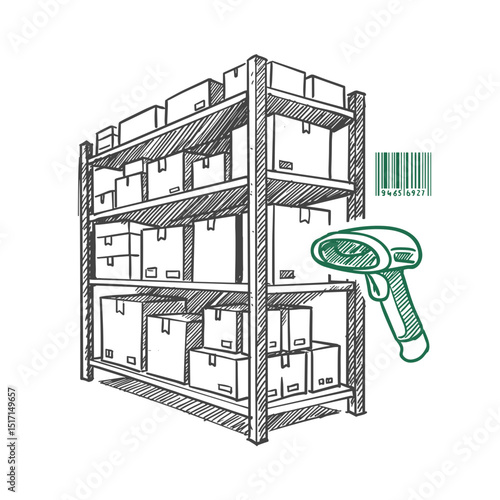 Warehouse shelf with stacked boxes and barcode scanner concept of logistics  