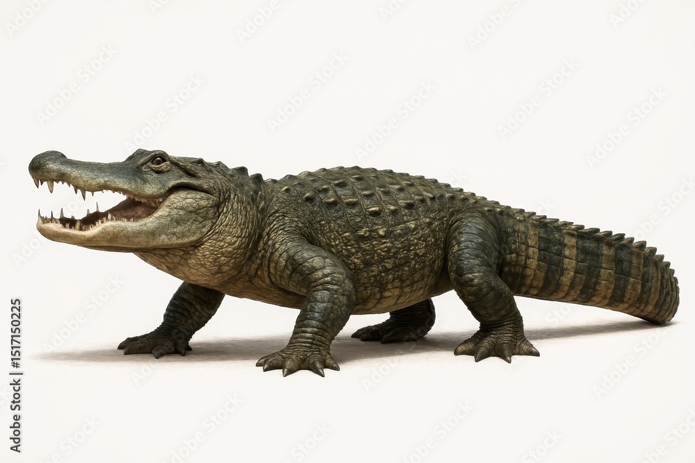 Obraz premium Realistic Full-Bodied Alligator with Textured Skin and Sharp Teeth Isolated on a Plain White Background Side View