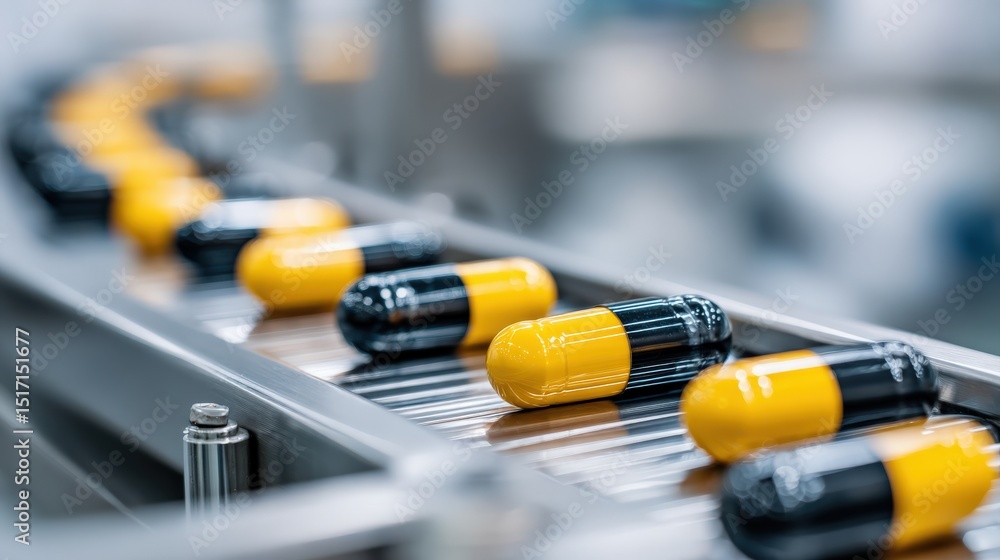 Image Description: Yellow and black capsules move along a conveyor belt in a modern pharmaceutical manufacturing facility. Image Description: Yellow and black capsules move along a conveyor belt in a modern pharmaceutical manufacturing facility.