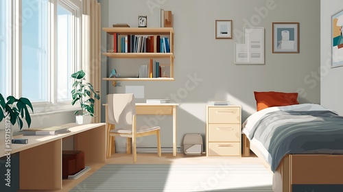 Bright minimalist youth dorm room with typical decoration and furniture as digital illustration