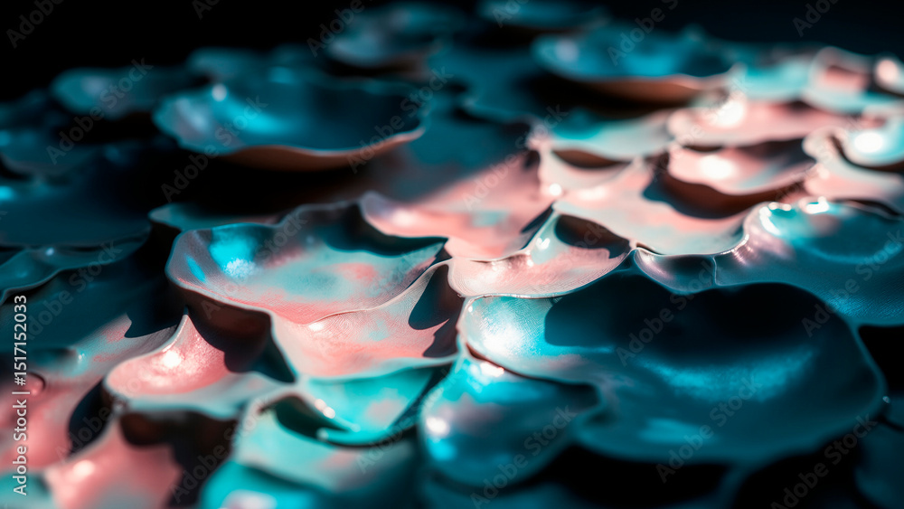Fototapeta premium Layered Ceramic Pigment Sculpture – Teal, Rose, Geometric Patterns in Dramatic Light