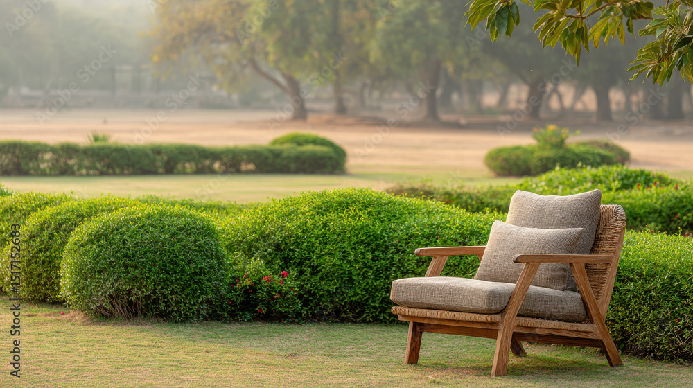 Fototapeta premium light chair placed in serene garden setting surrounded by lush green bushes and open space creating tranquil