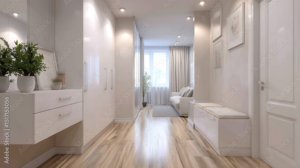 Fototapeta premium Contemporary light apartment with white dresser and hallway in living room