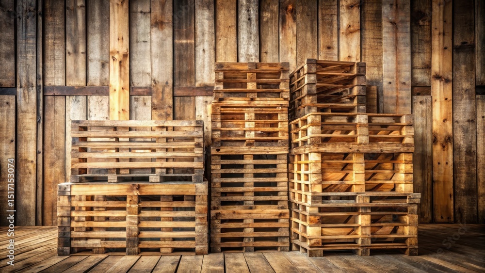 A stack of weathered wooden pallets lined up neatly on a rustic farm floor , crates, rustic, crates A stack of weathered wooden pallets lined up neatly on a rustic farm floor , crates, rustic, crates
