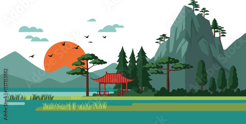 Mountain landscape with traditional pavilion and setting sun vector illustration nature scene calm peaceful 