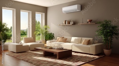 Living room interior with air conditioner  working air conditioner for comfort temperature in home at hot summer  cooling air in the room