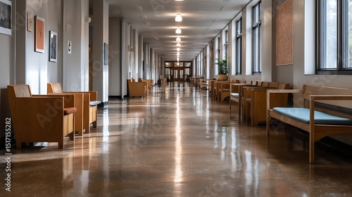 Long corridor with furniture in school building