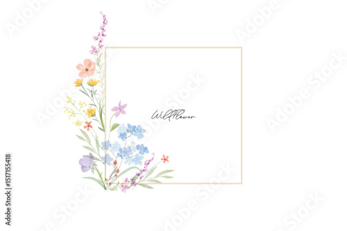 Colorful meadow wildflowers watercolor botanical background frame. Spring and summer Background watercolor arrangements with small flower. Botanical illustration minimal style.