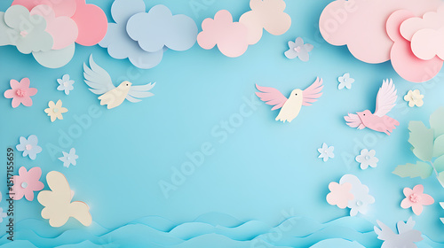 diseño de un paisaje de papel hecho a mano artesanal de la playa con olas en movimiento con nubes en el cielo y pajaros o aves volando con flores decorativas con espacio de copia 