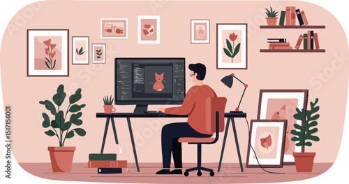 Digital artist working on graphic design at home office with plants and framed art 