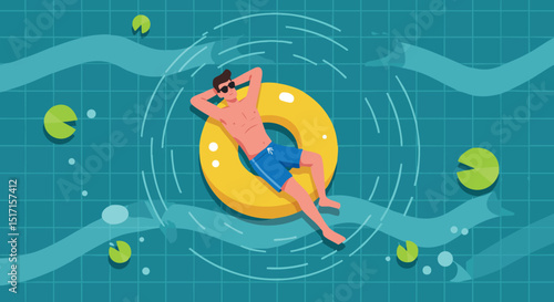 Man Relaxing on Yellow Inflatable Ring in Swimming Pool with Blue Water and Lily Pads Vector Illustration 