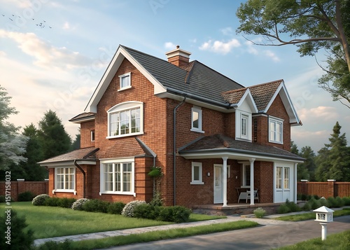 Old residential brick house with a green roof in a village park