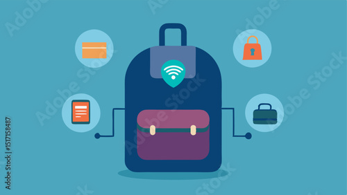Backpack with Biometric Gear A backpack laying on the floor beside a biometric scanner with icons showing fingerprint and facial scan technology portraying readiness for a quick