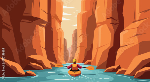 Kayaker paddling through rocky canyon river landscape in vibrant natural setting 