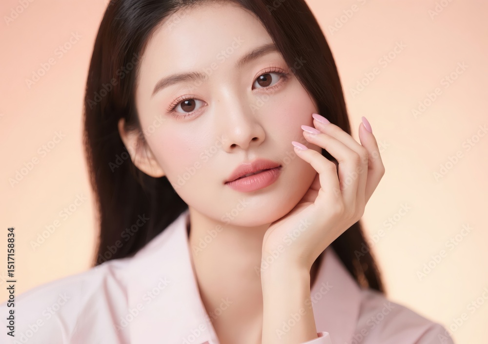 Serene Beauty Portrait: A young woman with flawless skin and long dark hair gazes serenely at the camera, her hand gently resting on her chin, exuding an aura of calm confidence. Serene Beauty Portrait: A young woman with flawless skin and long dark hair gazes serenely at the camera, her hand gently resting on her chin, exuding an aura of calm confidence.