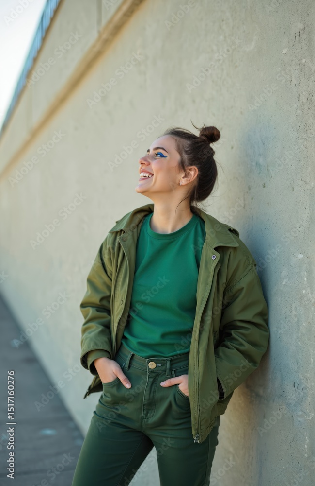 Obraz premium Joyful teenage girl in stylish green clothes laughs happily against concrete wall. Urban lifestyle. Fashionable woman, modern makeup, positive emotion. Trendy outfit, city background.