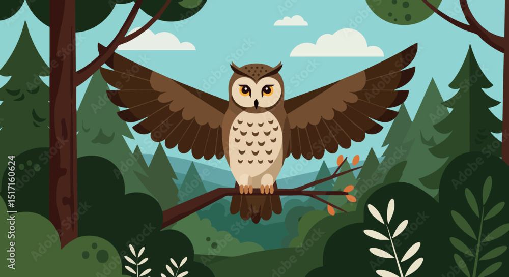 Obraz premium Owl perched on branch with wings spread in forest landscape natural wildlife scene 