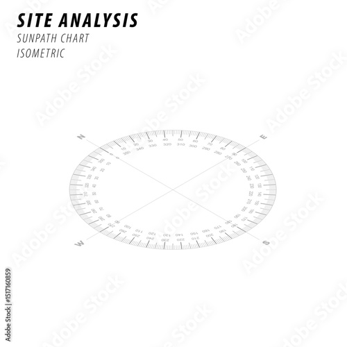 sun path chart radius isometric landscape architecture site analysis symbol icon element drawing graphic flat isolated vector. urban design element drawing
